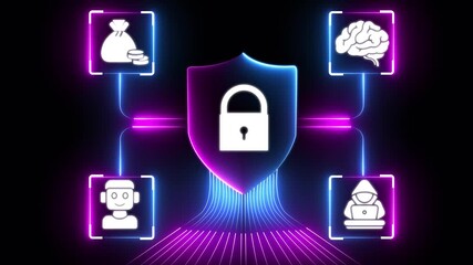 Glowing Cybersecurity animation with shield icon protecting encrypted digital data on futuristic high-tech network. Futuristic cybersecurity shield glowing with digital light against black background - Powered by Adobe