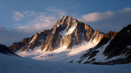 Majestic mountain range illuminated by golden hour light with snow capped peaks and glaciers