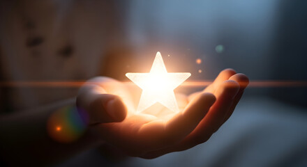 Hand Holding a Glowing Star with Lens Flare light