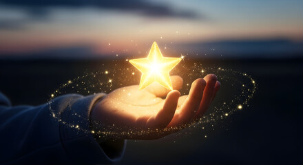 Hand holding a glowing star with sparkling magic light