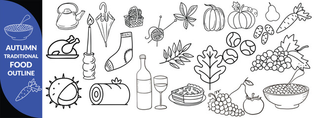 Autumn traditional food icon, thanksgiving day holiday table hand drawn doodle line illustration set. Harvest fall pumpkin, celebration turkey, dessert pie, November eatery design element. Autumn food