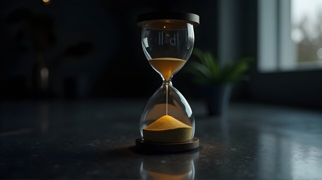 Dramatic hourglass with flowing sand symbolizing deadlines and time management in a dimly lit room representing urgency and focus, perfect for business and productivity themes