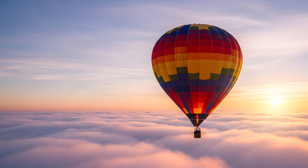 Hot Air Balloon Floating Above Clouds at Sunrise sunset
