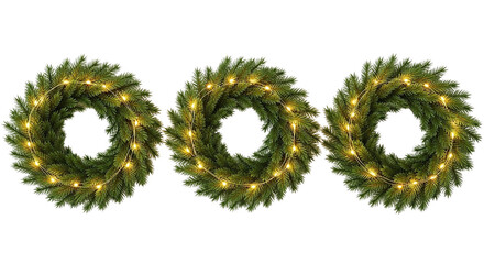 Three illuminated christmas wreaths isolated on transparent background for decoration