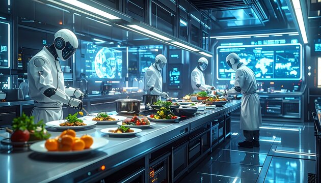 Robotic chefs prepare meals in a high-tech futuristic kitchen with gleaming surfaces and digital displays