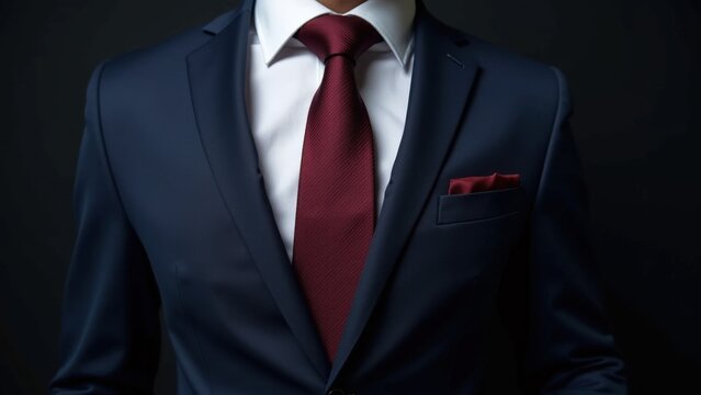 Formal and Elegant Black Suit Detail: Close-up of a man in a stylish, all-black tuxedo or suit, complete with a satin lapel, black shirt, tie, and pocket square.