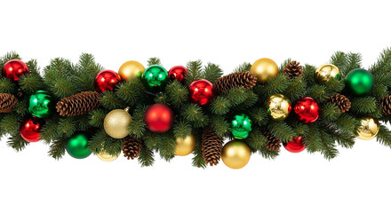 Festive christmas garland isolated on transparent background with colorful ornaments