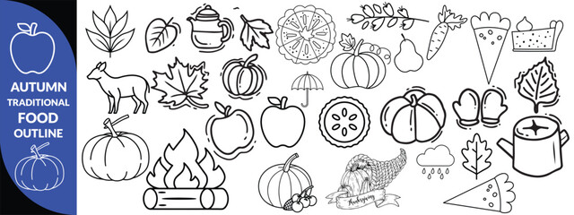 Autumn traditional food icon, thanksgiving day holiday table hand drawn doodle line illustration set. Harvest fall pumpkin, celebration turkey, dessert pie, November eatery design element. Autumn food