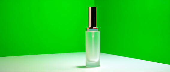 A clear glass bottle with a silver cap stands on a white surface against a vibrant green background.