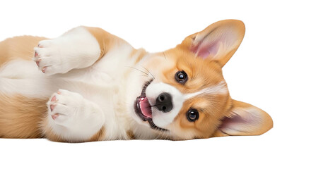 Happy corgi puppy lying on its back isolated on transparent background