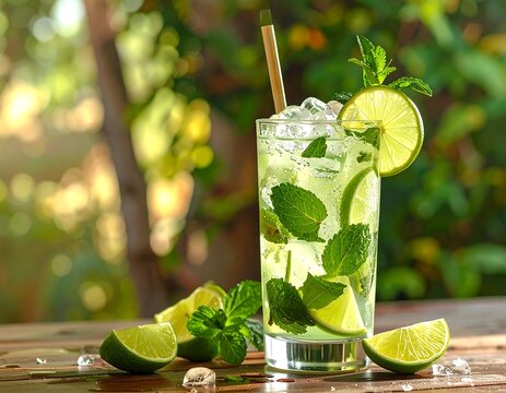 Refreshing beverage in a tall glass, garnished with lime slices and mint sprigs, on a wooden surface, surrounded by greenery - Powered by Adobe
