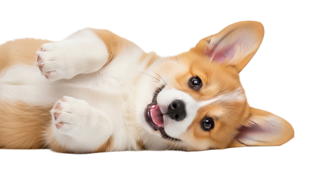 Happy corgi puppy lying on its back isolated on transparent background