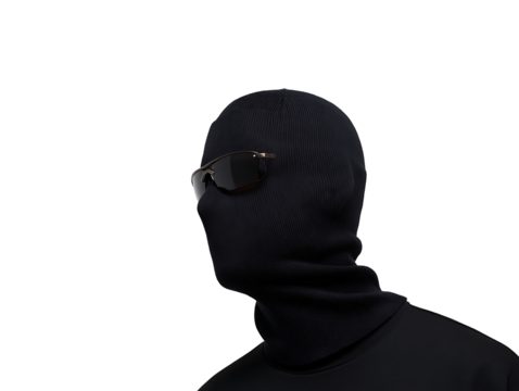 Stealthy person in balaclava and sunglasses isolated on transparent background