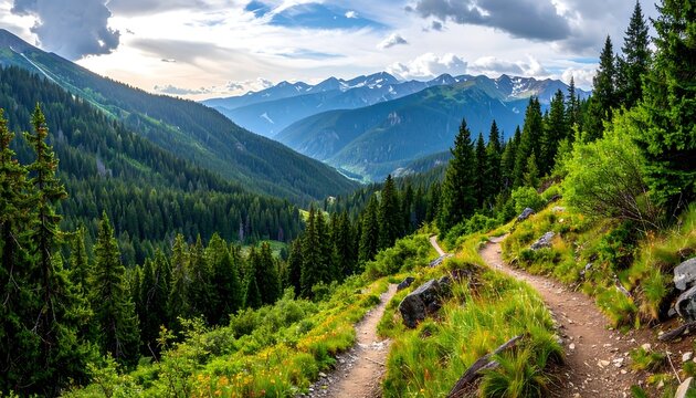 Scenic vista showcases a winding hiking path through verdant forests, with majestic mountain ranges and a bright sky