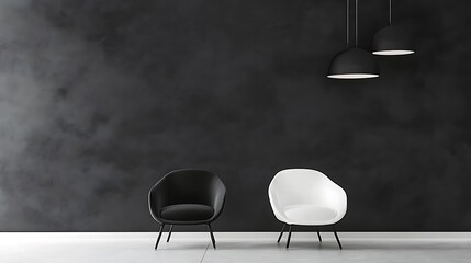 Modern interior design with black and white chairs and lamps