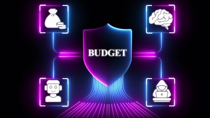 Glowing Neon Cloud budget management system with icons for finance growth teamwork communication and security on black background digital concept.4k video ,motion graphic animation , - Powered by Adobe