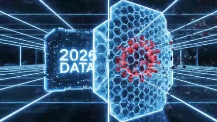 Abstract concept showing data blocks connected in a network, gradually protected by a shield against a virus. It represents protection, security, and digital future - Powered by Adobe