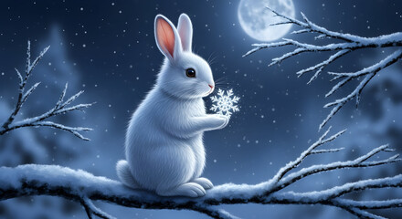 White Rabbit Holding Snowflake on Snowy Branch at Night