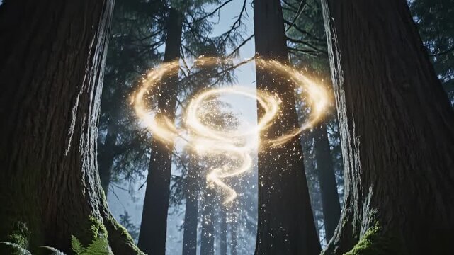 Magical Swirling Light Portal Appears in Enchanted Forest.