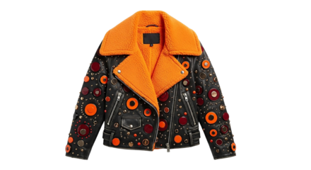 Stylish black leather jacket with orange fur collar isolated on transparent background