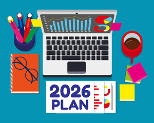 2026. office accessories, Top view from above.