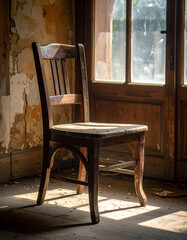 An old wooden chair with peeling paint placed in a sunny corner