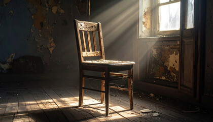 An old wooden chair with peeling paint placed in a sunny corner