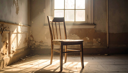 An old wooden chair with peeling paint placed in a sunny corner