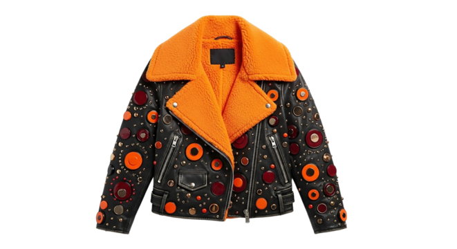 Stylish black leather jacket with orange fur collar isolated on transparent background