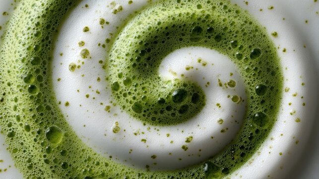 Close up shows swirling matcha tea latte creating a unique texture with vibrant green hues and creamy white foam perfect for a modern beverage concept