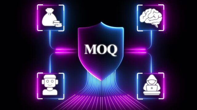 Glowing neon network connecting MOQ business icons handshake phone graph analytics brain gears team people hacker on laptop digital transformation technology concept .4k video animation