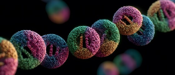 Colorful textured spheres linked together form a chain.