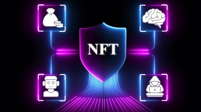 glowing neon N F T cloud network connecting business handshake communication growth technology hacker and team icons digital concept neon glow on black background. 4k video animation