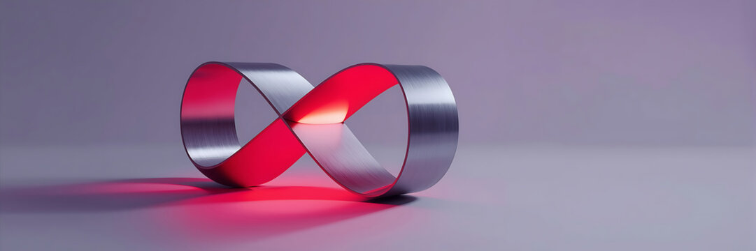 Metallic infinity symbol illuminated by red light on a gradient background