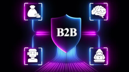 Glowing neon B2B business cloud network connections handshake communication growth strategy teamwork and cybersecurity concept with glowing neon blue icon. 4k video motion graphic animation - Powered by Adobe