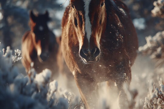 Horses running through snowy landscape as 2026 year of the horse approaches