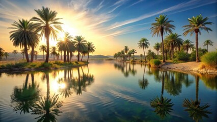 Fototapeta premium Serene Oasis at Sunrise Palm Trees Mirrored in Calm Waters Reflecting the Golden Hour's Light