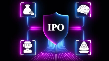 Glowing IPO cloud network concept with handshake graph phone head gears people and hacker icons glowing blue neon on black background digital finance technology abstract. 4k video animation - Powered by Adobe