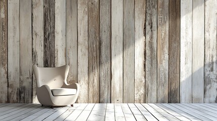 Modern living room interior with armchair and wooden wall background