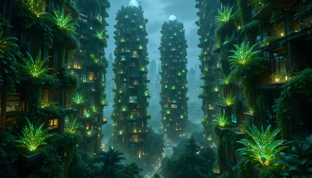&ldquo;Futuristic vertical garden city glowing with neon-green plants and bio-luminescent trees at night.&rdquo;
