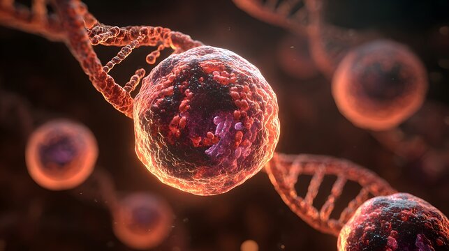Cell nucleus and dna helix in microscopic view.