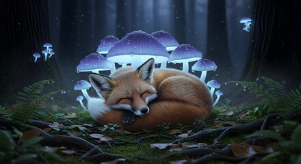 Sleeping fox curled up among glowing mushrooms image