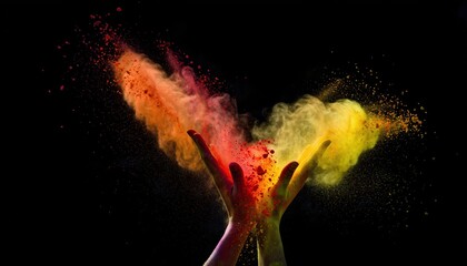 Closeup of Hands Throwing Vibrant Holi Powder in Black Night as Colors Explode