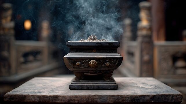 An ornate ancient bronze incense burner emits wisps of smoke set on a stone altar within a traditional sacred shrine setting - Powered by Adobe
