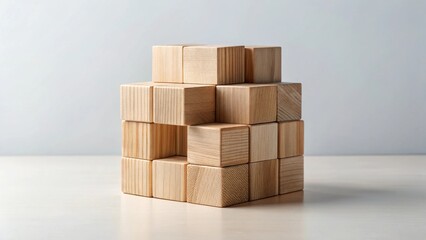 Obraz premium A meticulously arranged stack of unfinished light-colored wooden cubes on a smooth surface against a neutral backdrop