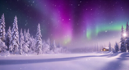 Snowy forest under vibrant aurora borealis and falling snow