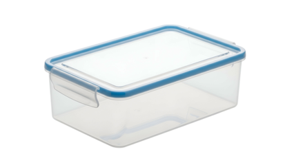 Rectangular clear plastic food storage container features a blue sealing gasket and locking tabs