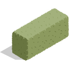 Green Rectangular Box Shrub with Textured Foliage and Subtle Shadow in Isometric View on White Background Flat Cartoon Design