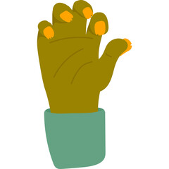 Green monster hand with orange fingernails and teal cuff isolated on transparent background flat design illustration for halloween