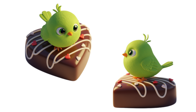  Cute green bird standing on Valentine heart chocolate isolated on transparent background PNG